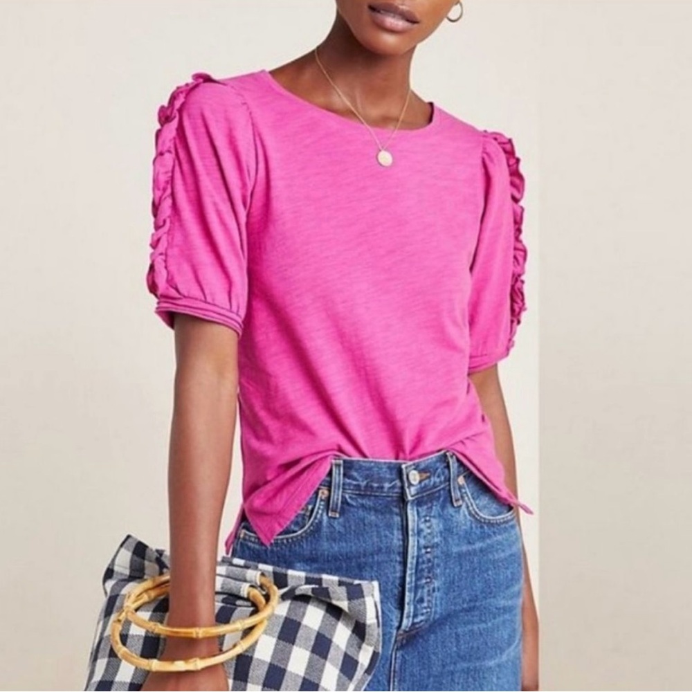 Price Firm Maeve Anthropologie Fuchsia Berry Pink Ruffled Sleeve Detail Top, XS